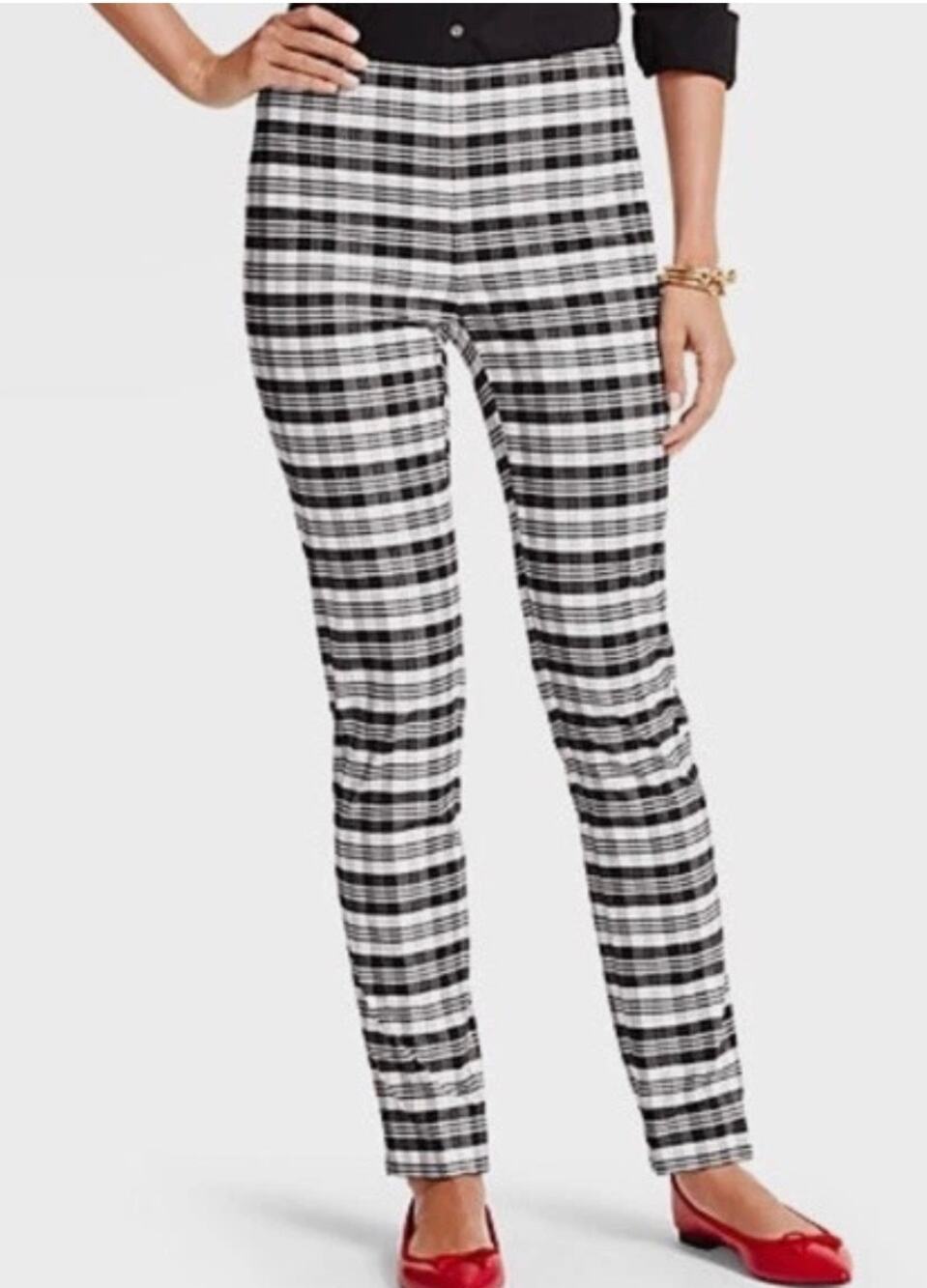 Talbots Womens 12 Black White Sutton Plaid Tailored Flat Front Ankle Pants